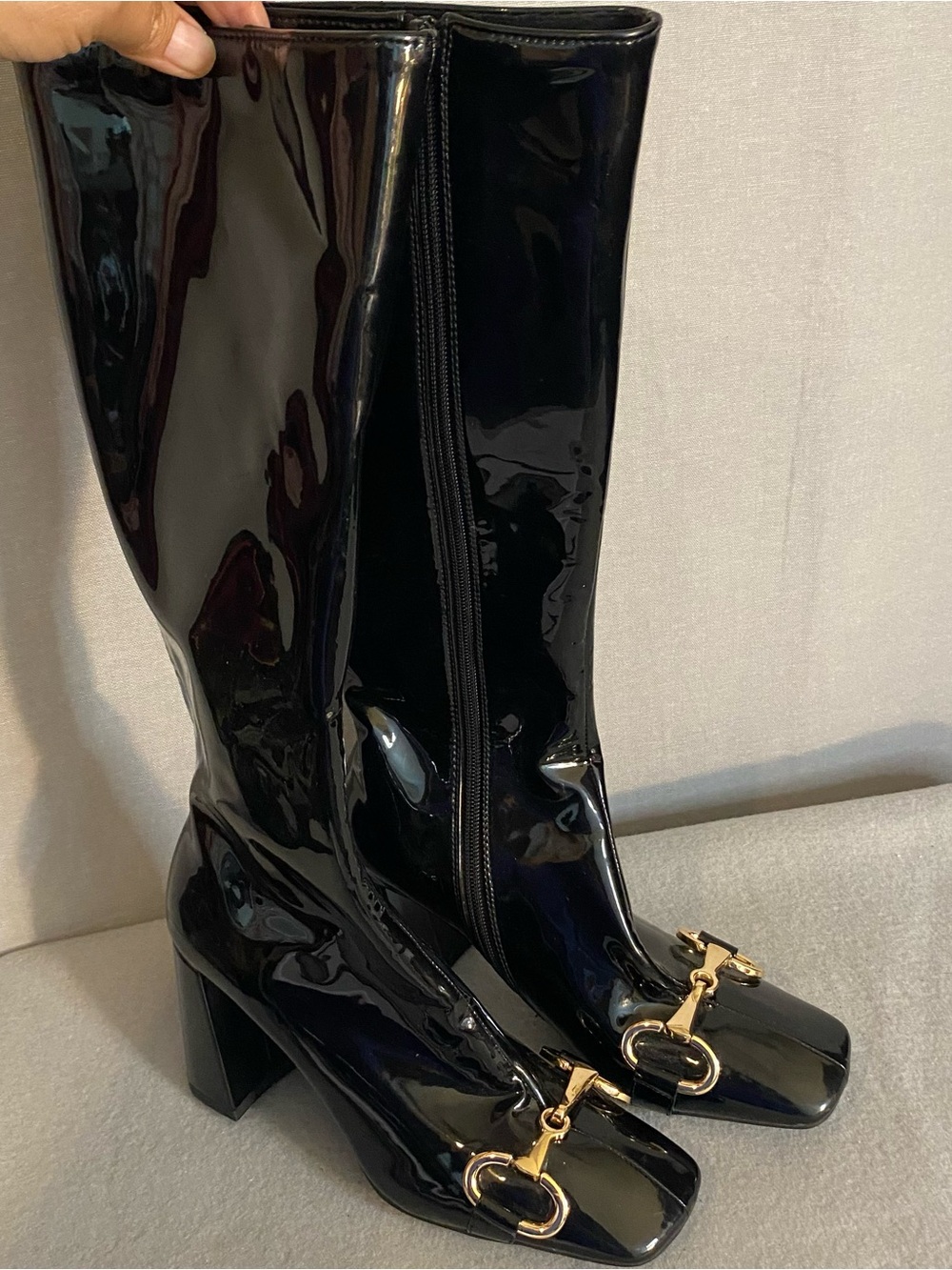 Jeffrey Campbell Black Patent Mid-Calf Heeled Boots with Gold Hardware